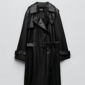 NWT ZARA FAUX LEATHER LONGLINE TRENCH M , XL
